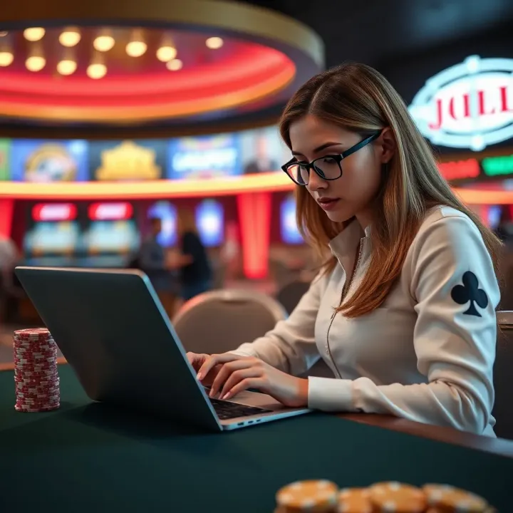 Accessing Jackpot Jill Promotions with Safety in Mind Illustration of Australian player using a laptop to access Jackpot Jill promotions safely