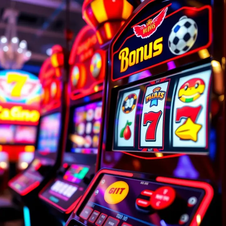 Bright casino slot machine screen highlighting bonus features and jackpot symbols