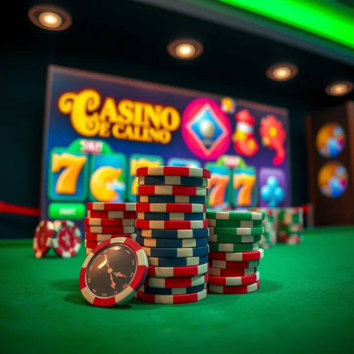 Vibrant Casino Chips Representing Online Casino Bonuses Colorful casino chips stacked on a green felt table with glowing casino game icons in the background