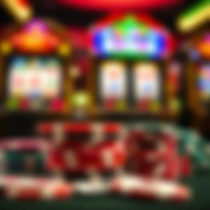 Colorful casino chips stacked with playing cards and slot machine reels in the background