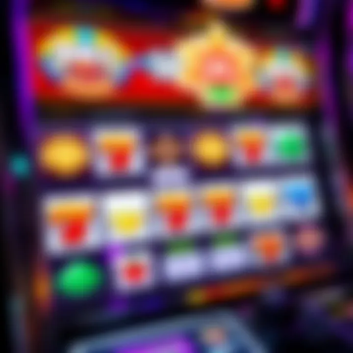 Colorful jackpot symbols on a casino slot machine screen with vibrant lights and winning combinations
