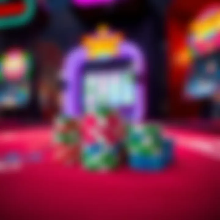 Colorful casino chips stacked on a vibrant gaming table with digital slot machine background