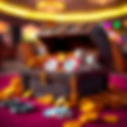 A vibrant graphic showing a treasure chest overflowing with gold coins and casino chips symbolizing jackpot rewards