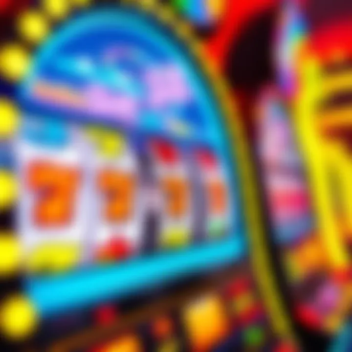 Colorful slot machine reels displaying jackpot symbols and flashing lights