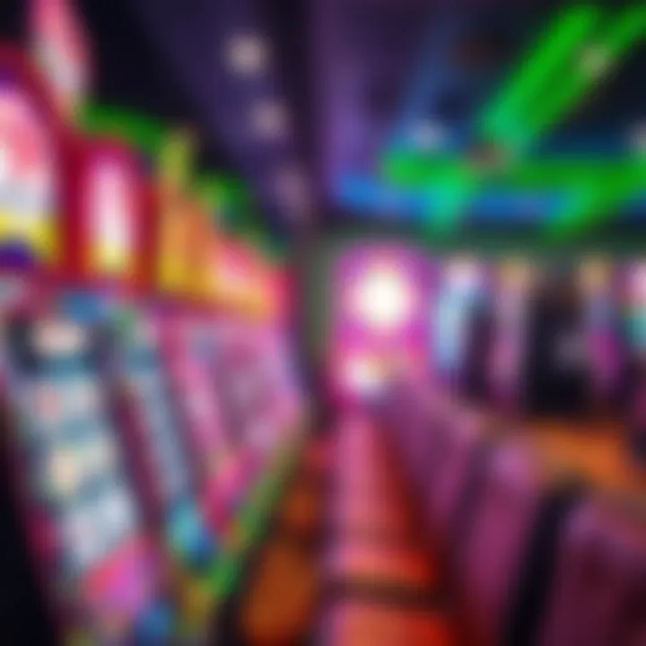 Colorful slot machines with vibrant lights at an online casino interface