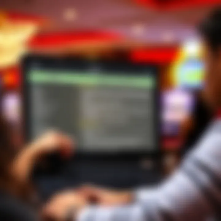 Detailed casino promotion terms and conditions displayed on a digital screen alongside a player using a laptop