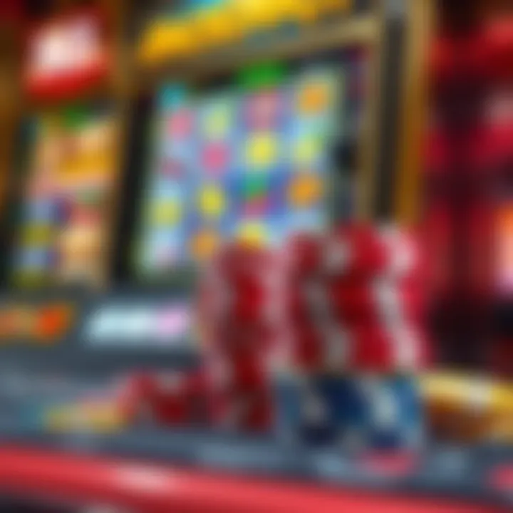 Colorful casino chips stacked next to digital jackpot slot machine screen