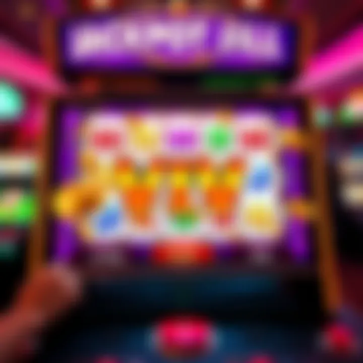 A vibrant digital slot machine screen featuring a jackpot win celebration with animated coins and stars