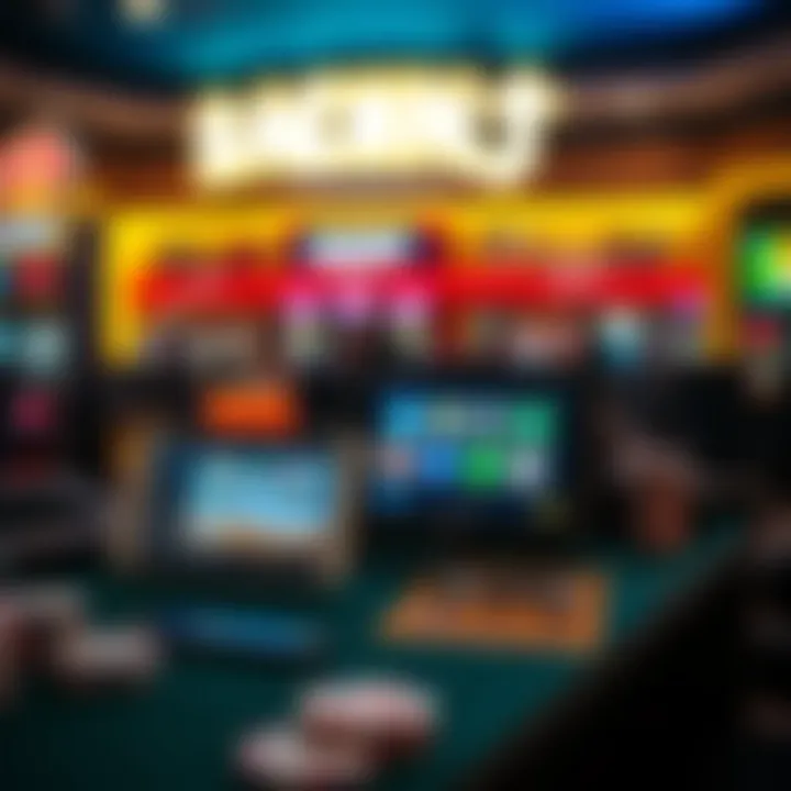 Conceptual illustration of responsible online gambling with digital devices and cautionary icons