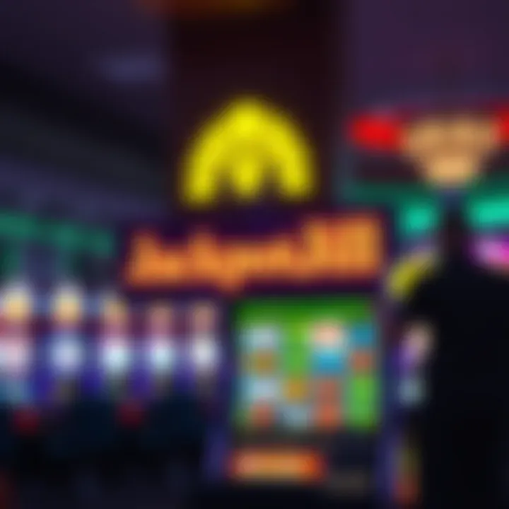 Bright slot machine screen showing JackpotJill logo with vibrant casino lights