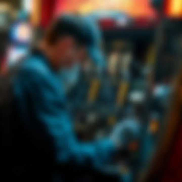 Technician performing routine maintenance on the interior components of Jackpot Jill machine