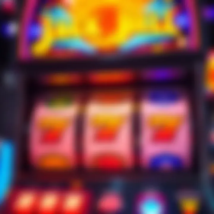 Colorful slot machine reels displaying jackpot symbols with bright lights