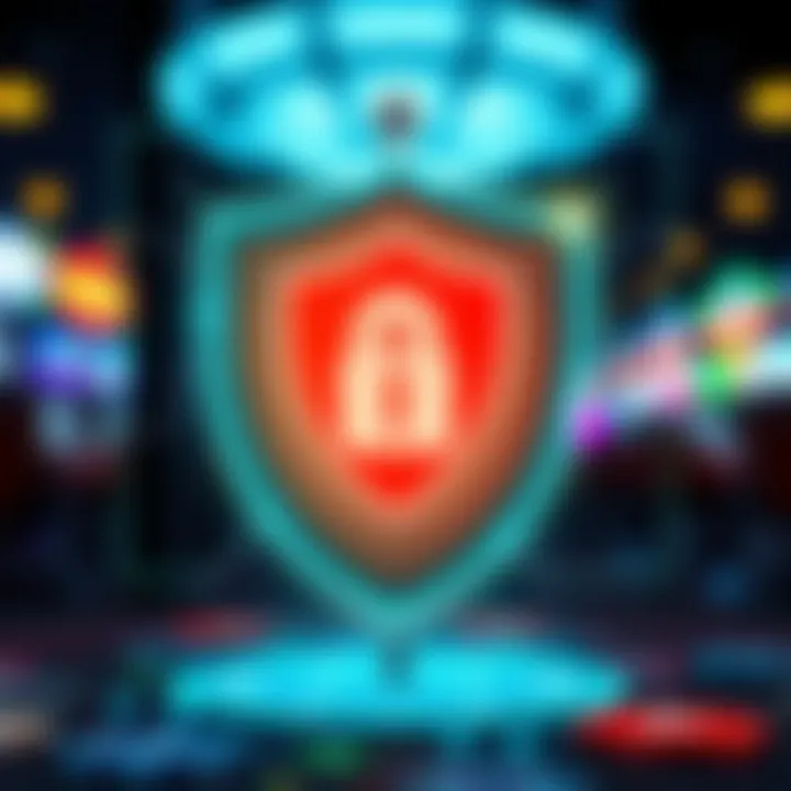 Illustration of account security shield with key symbols and digital protection indicators