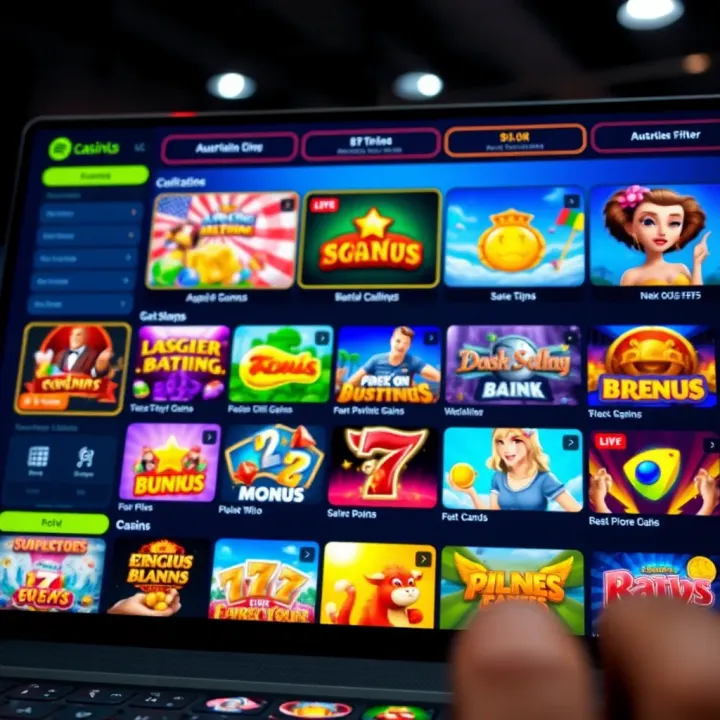 Australian Online Casino Platform Featuring Popular Games A vibrant digital interface showcasing various online casino games with Australian-themed graphics