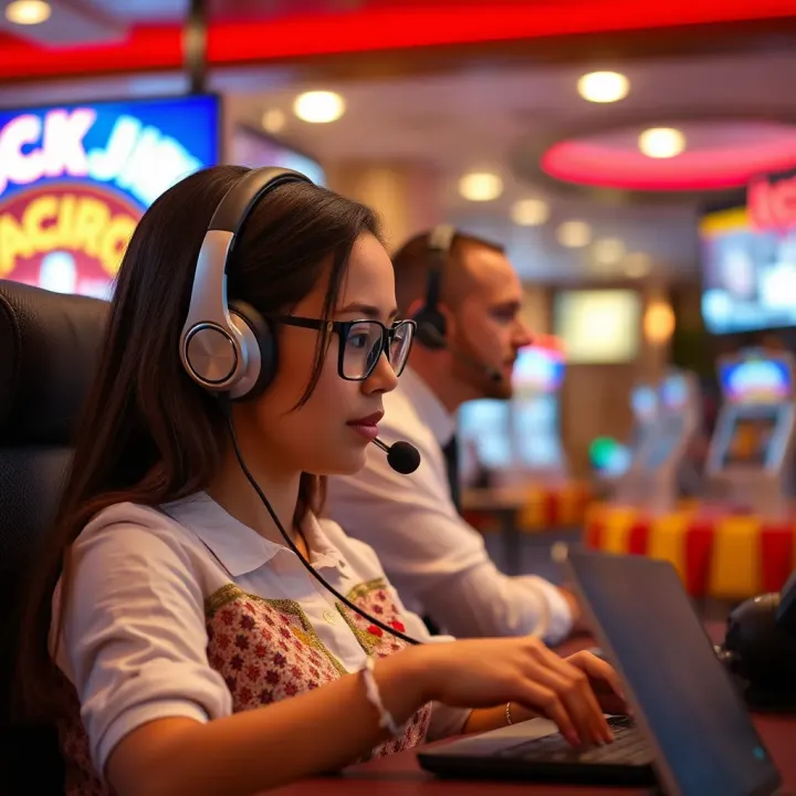 Customer support representative assisting a player with Jackpot Jill inquiries via headset