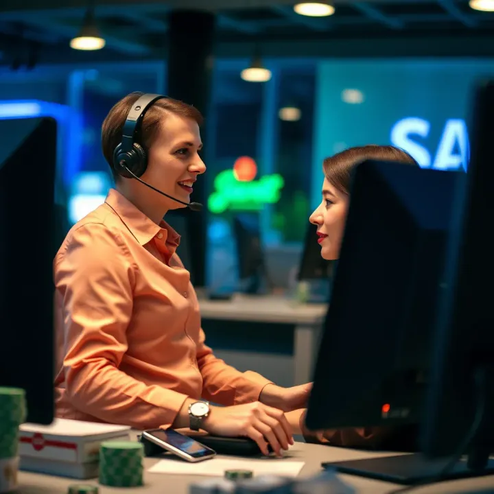 Customer service representative assisting with JackpotJill inquiries via headset and computer