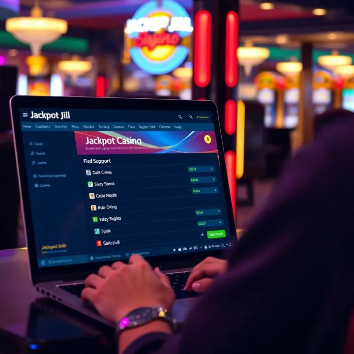 Navigating Jackpot Jill Support Options Online User navigating the Jackpot Jill online casino platform on a laptop to find support options