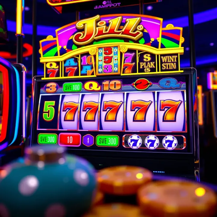 Colorful slot machine screen displaying Jill Jackpot game symbols and winning combinations