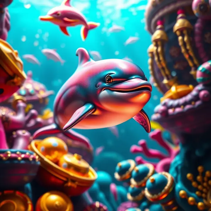 Dolphin Treasure Underwater Jackpot Colorful dolphin swimming among vibrant underwater treasures in a slot game