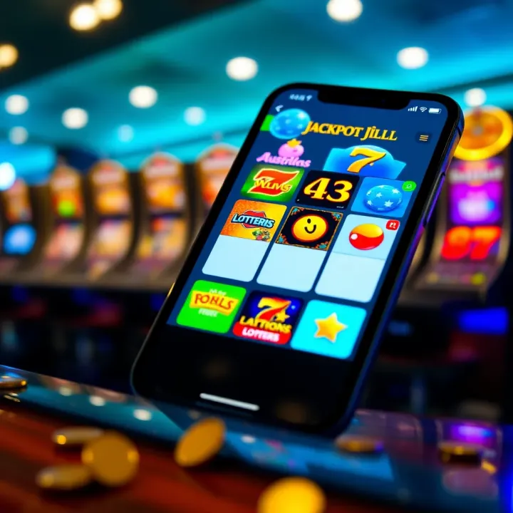 Jackpot Jill App Interface Displaying Australian Lottery Options Mobile phone screen showing the Jackpot Jill app interface with colorful icons for various Australian lotteries and games