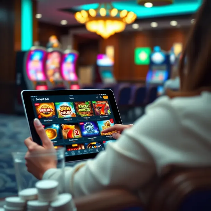 Jackpot Jill App Game Selection on Tablet User navigating Jackpot Jill app game selection on a tablet device