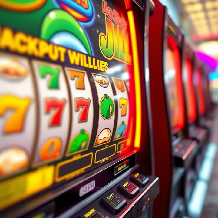 Colorful Jackpot Jill slot machine with bonus symbols highlighted on the screen