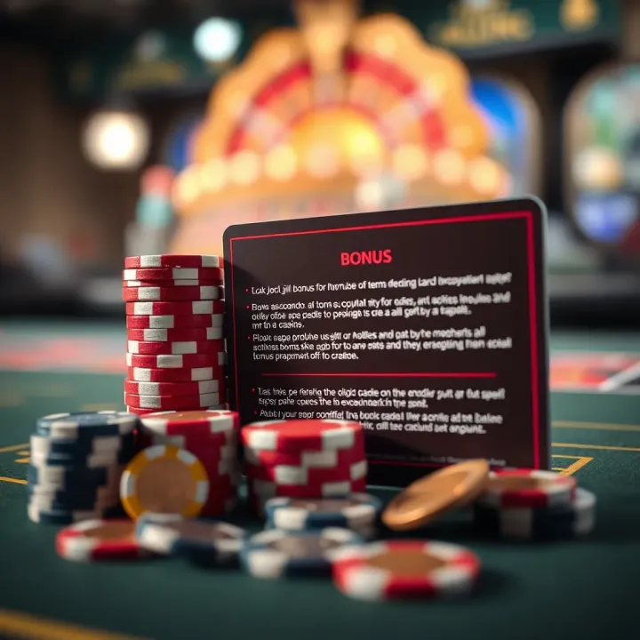 Casino Chips and Promotional Card Detailing Bonus Terms and Tips Illustration of casino chips and coins stacked next to a promotional card showing bonus terms