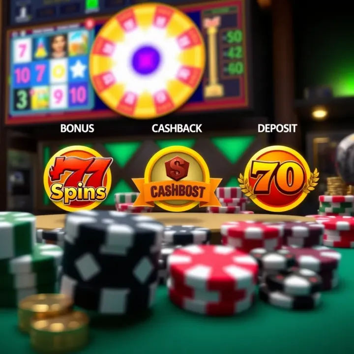 Visual representation of various types of casino bonuses with symbols for free spins, cashback, and deposit matches