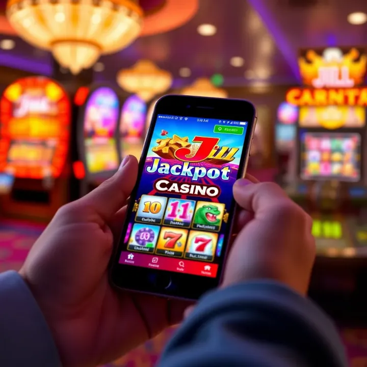 Jackpot Jill Casino Mobile App Home Screen Overview Mobile device displaying the Jackpot Jill Casino app home screen with colorful game icons