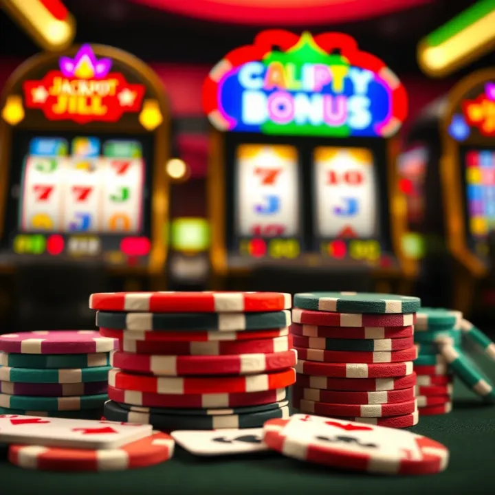 Overview of Jackpot Jill Casino Sign-Up Bonus Features Colorful casino chips stacked with playing cards and slot machine reels in the background