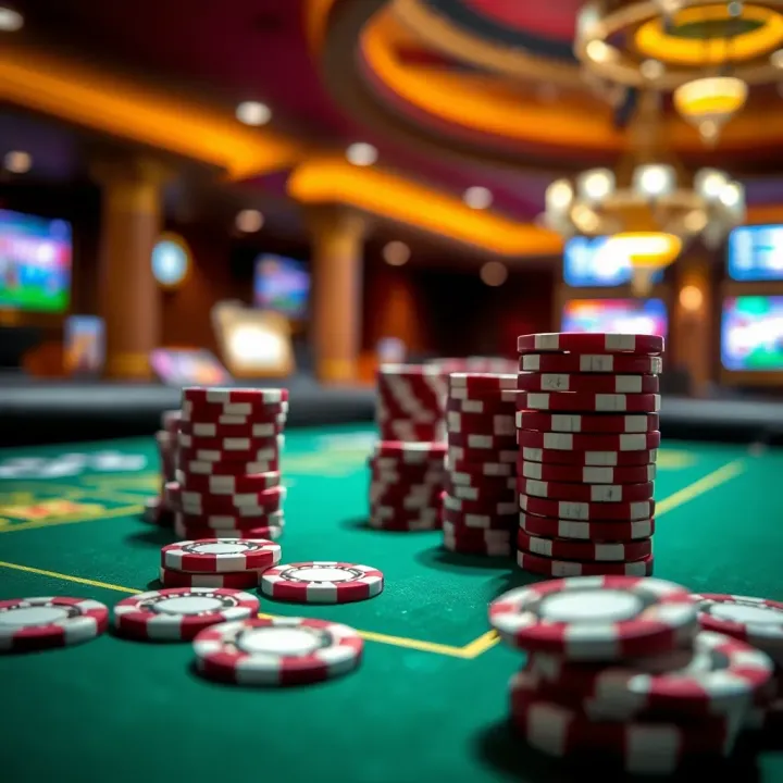 Casino chips displayed on a gaming table representing bonus offers at Jackpot Jill Casino