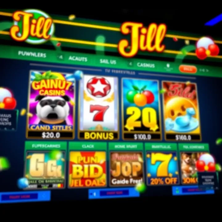 Jackpot Jill Casino Game Selection and Bonuses Colorful online casino interface showcasing slot machine games and bonus offers