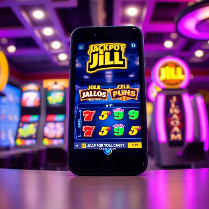 Mobile phone displaying Jackpot Jill Casino app with vibrant slot games
