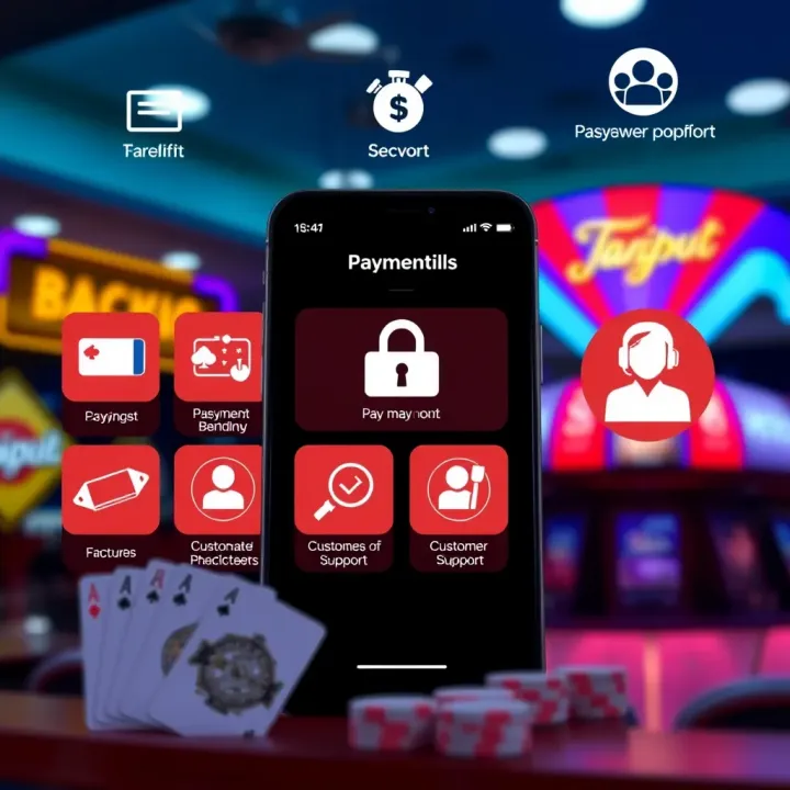 Secure payment options and customer support icons on a mobile casino platform