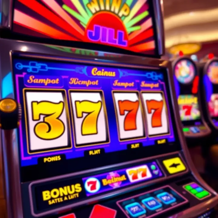 Jackpot Jill Casino Bonus Features Highlighted Colorful jackpot slot machine with glowing bonus symbols