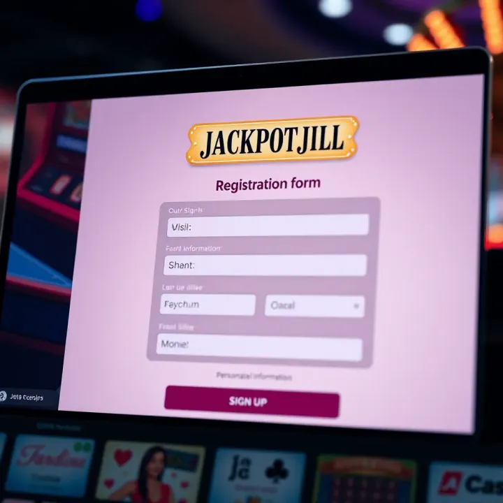 User interface displaying Jackpot Jill Casino sign-up form with fields for personal information