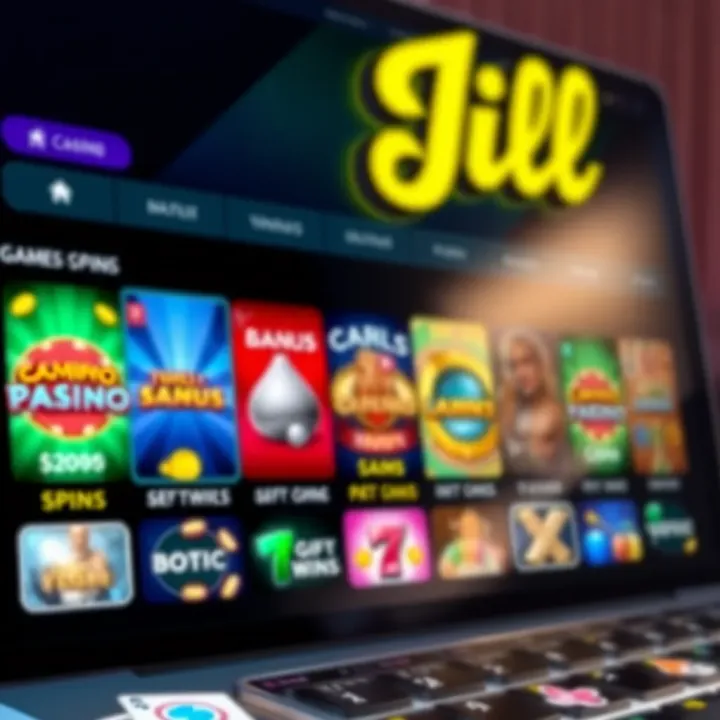 Jackpot Jill Casino Game Selection and Bonuses User interface showcasing various casino game icons and bonus offers