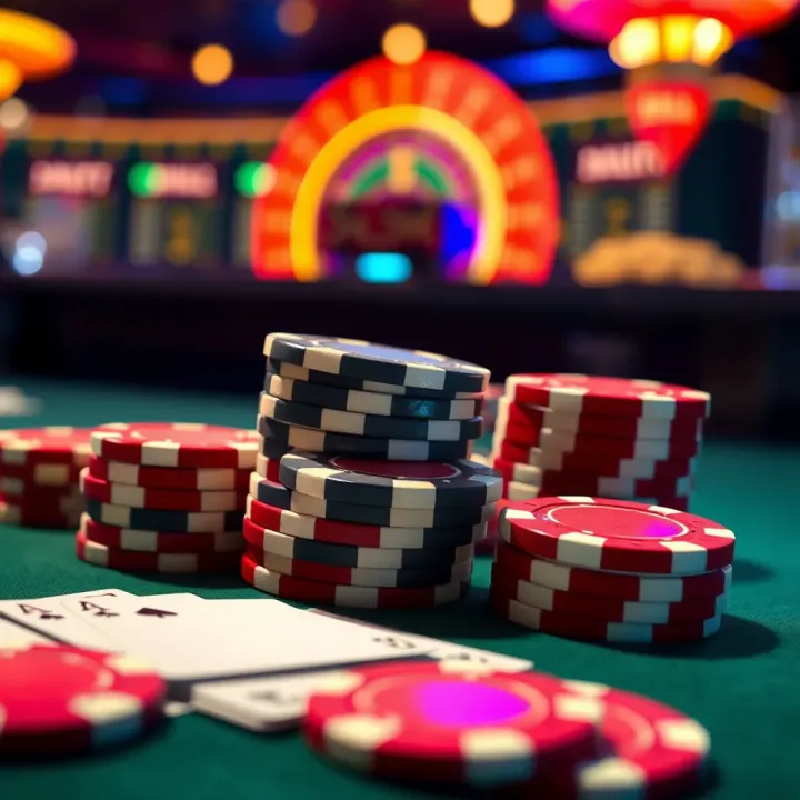 Bright casino chips and playing cards representing Jackpot Jill Casino bonuses