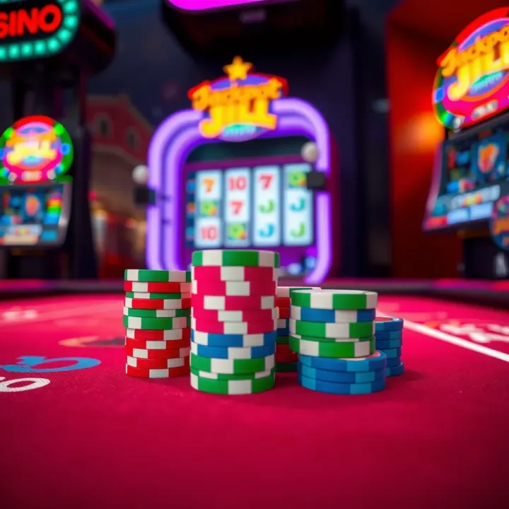 Colorful casino chips stacked on a vibrant gaming table with digital slot machine background