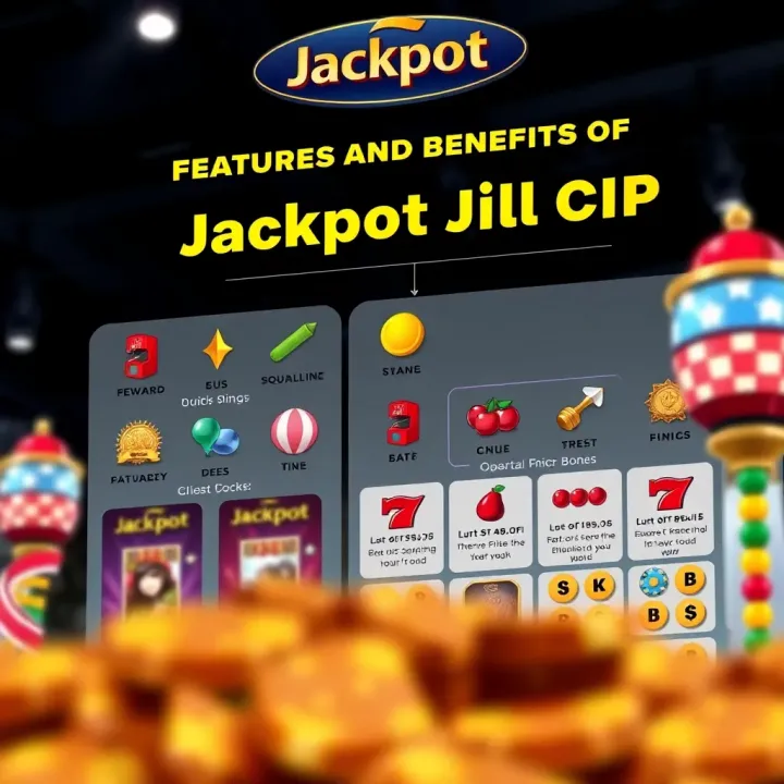 Features and Benefits of Jackpot Jill CIP Explained Graphic showing benefits and features of a lottery-style game with symbols of rewards and gameplay