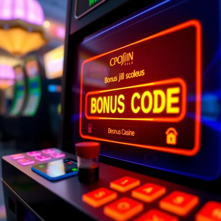 Casino Bonus Code Entry Interface for Jackpot Jill Promotions A close-up of a digital screen displaying a casino bonus code entry field with glowing effects