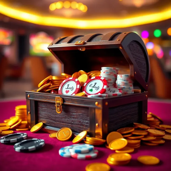 A vibrant graphic showing a treasure chest overflowing with gold coins and casino chips symbolizing jackpot rewards