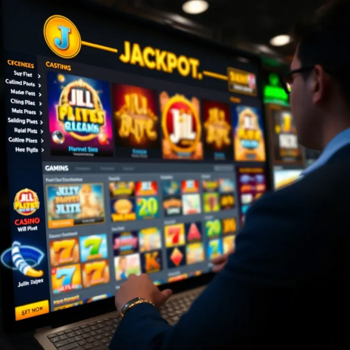 Display of Jackpot Jill Elite gaming platform highlighting various slot games and user navigation options