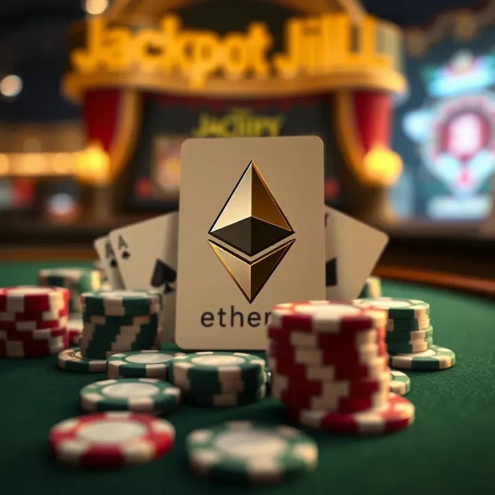 Digital illustration of Ethereum cryptocurrency symbol with casino chips and cards representing online gambling