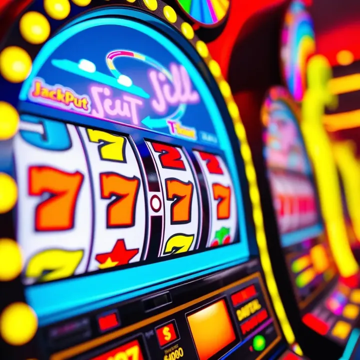 Colorful slot machine reels displaying jackpot symbols and flashing lights