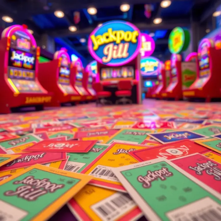 Jackpot Jill Lottery Tickets Display Colorful lottery tickets with Jackpot Jill branding spread out on a flat surface