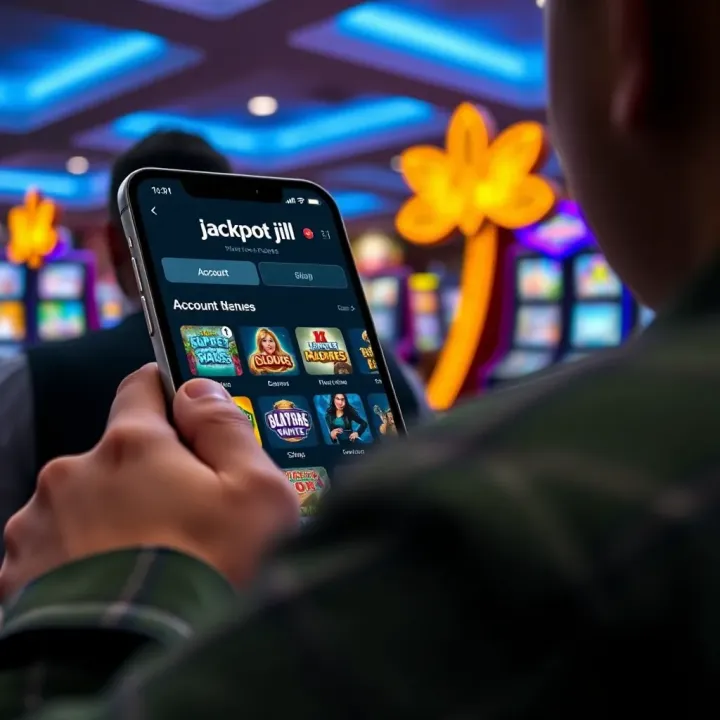 Navigating Jackpot Jill Mobile Features in Australia User navigating Jackpot Jill’s mobile interface featuring game selection and account options