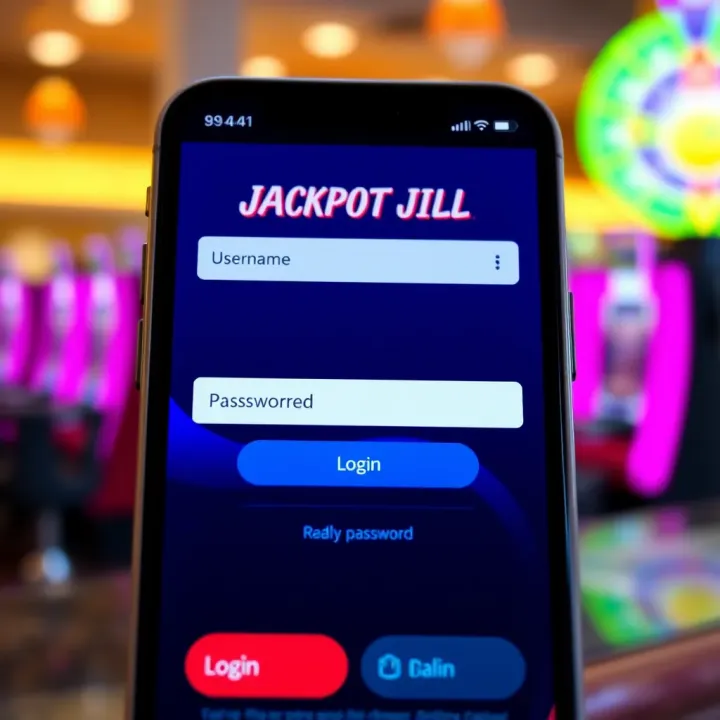 Mobile screen showing Jackpot Jill login interface with fields for username and password