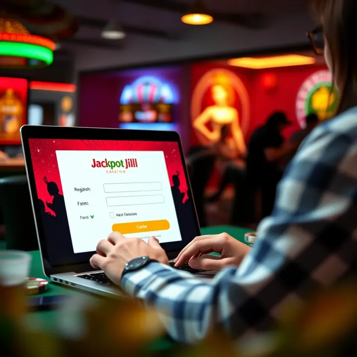 User filling out online registration form on a laptop screen with Jackpot Jill branding