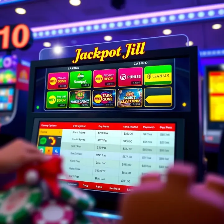 Jackpot Jill Casino Payment and Bonus Options Display Dashboard showing various payment options and bonus offers available at Jackpot Jill Casino